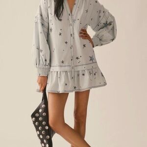 Anthropologie Pilcro BNWT Light Blue Denim Star Dress size S V neck long sleeve